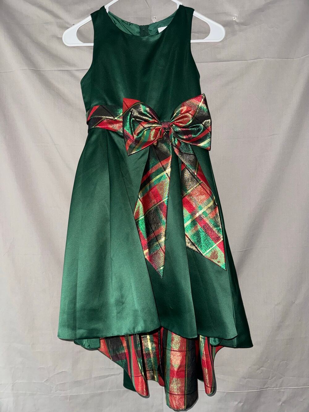 Rare Editions Girls Green Satin Plaid Bow Holiday Dress Metallic Hi-Lo, Size 10
